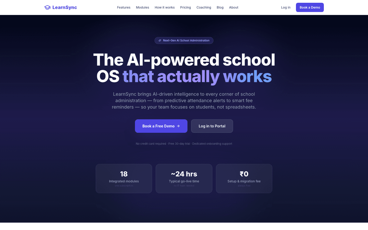 Learnsync homepage — the AI-powered school OS